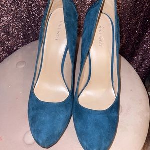 Teal rhinestone backed high heels